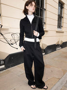 RARELY ALIKE Stand Collar Cotton Zip Up Jacket in Black - On Female Model