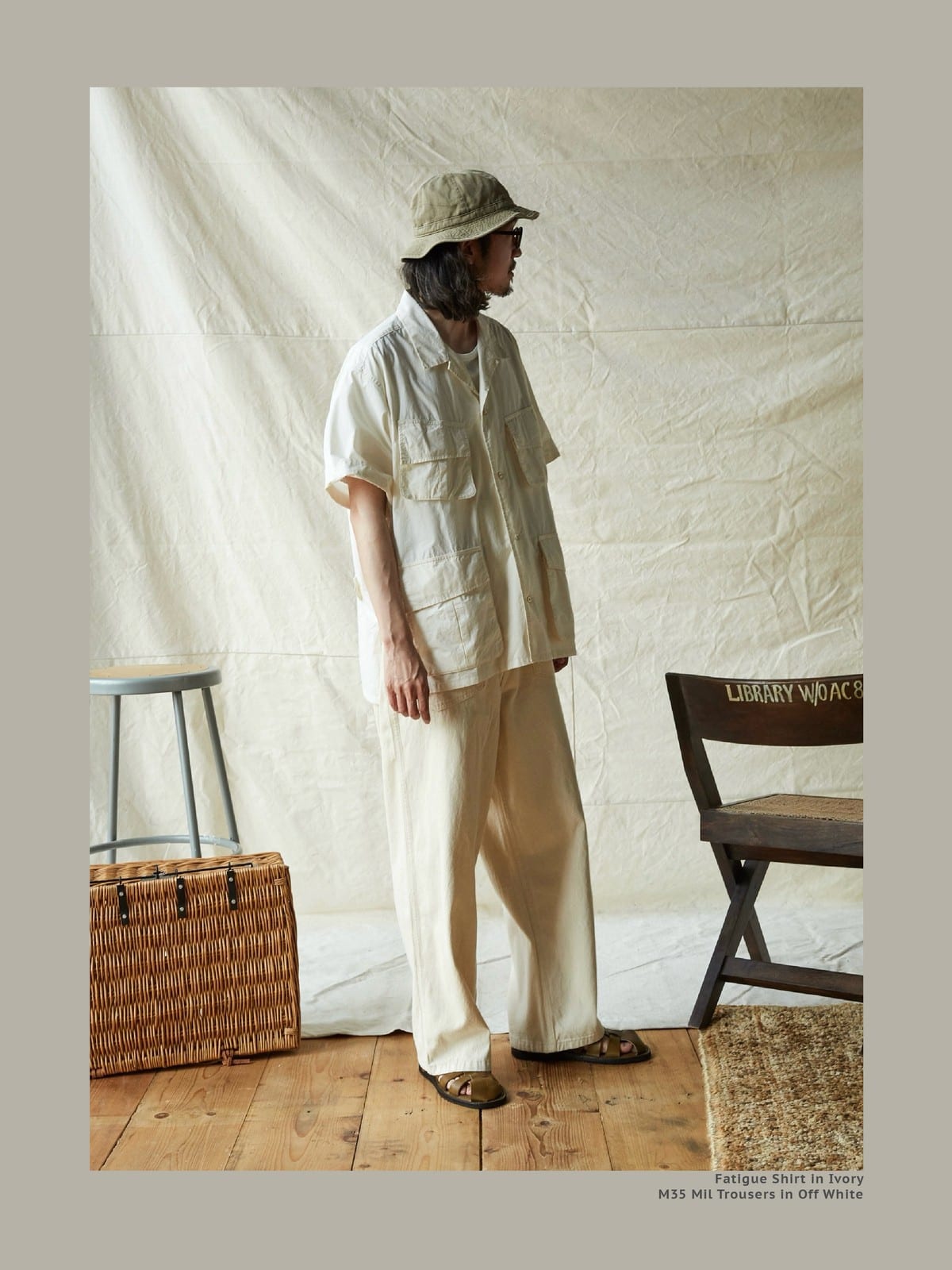 USAGE Vintage Neppy Cotton Straight Leg Jeans in Cream - On Male Model