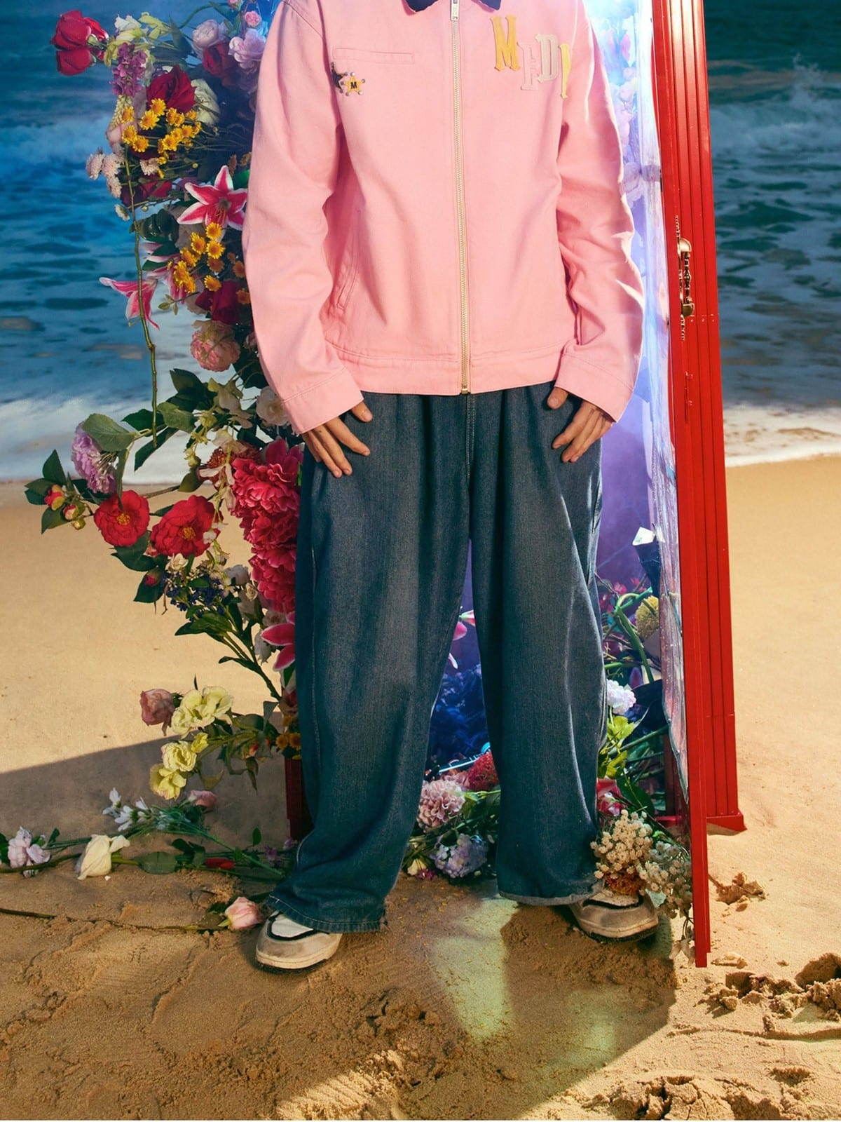 MEDM Leather Paneled Cotton Detroit Jacket in Pink - On Model