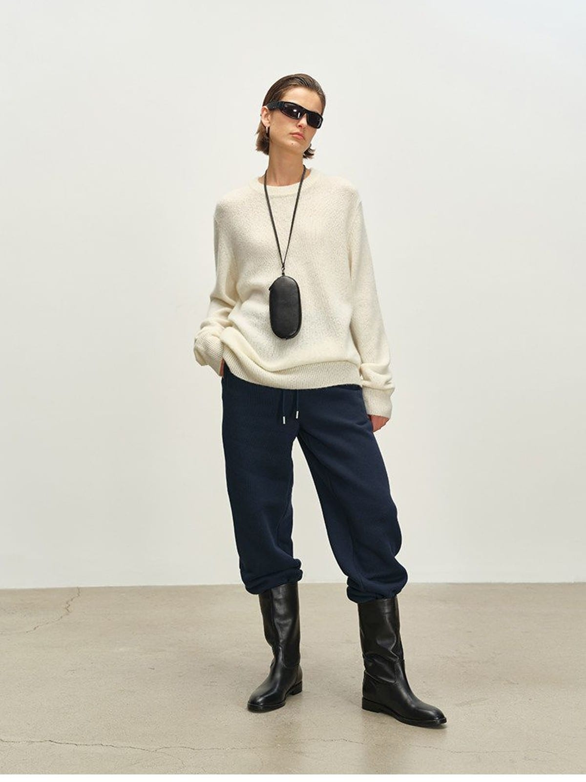 MSBEAST Fleece Lined Cotton Sweatshirt Pants Set in Navy Blue - On Female Model