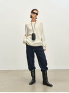 MSBEAST Fleece Lined Cotton Sweatshirt Pants Set in Navy Blue - On Female Model