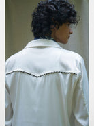 Retro21 Western Fringe Shirt Jacket in White - On Male Model