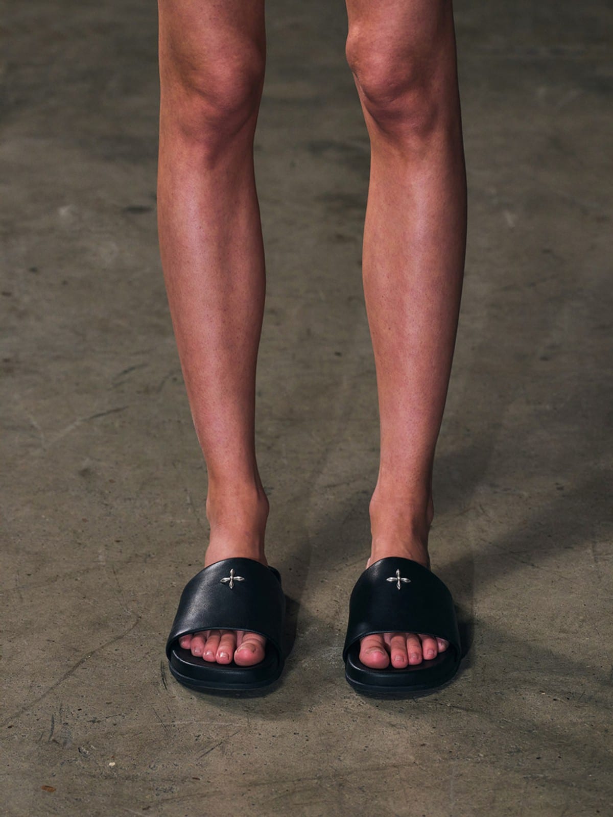 SMFK Leather Cross Detail Slide Sandals in Black - On Model