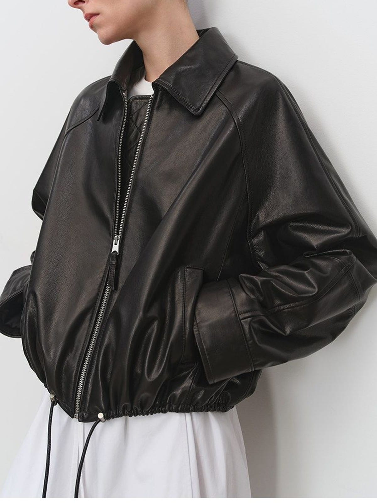 MSBEAST Cropped Leather Drawstring Jacket in Black - On Female Model