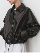 MSBEAST Cropped Leather Drawstring Jacket in Black - On Female Model