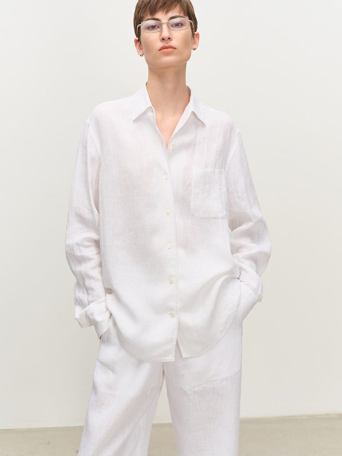 MSBEAST Linen Button Up Shirt Shorts Set in White - On Female Model