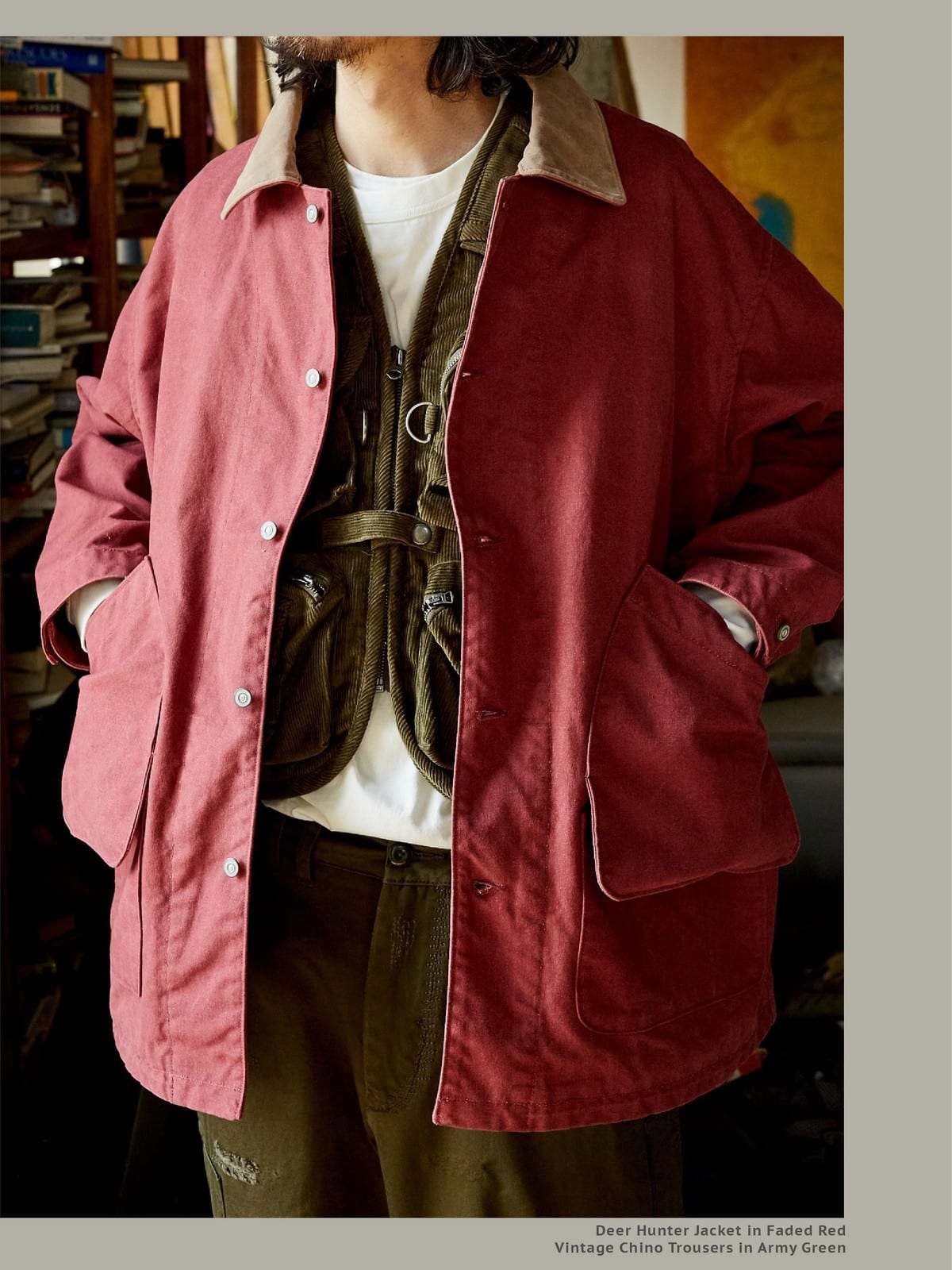 USAGE Heavyweight Canvas Hunting Jacket in Burgundy - On Male Model
