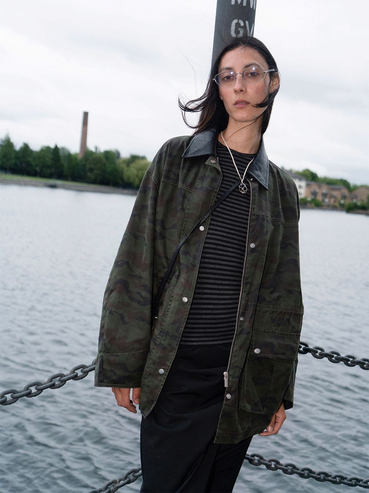 Random Piece Matte Coated Utility Jacket in Army Green - On Female Model