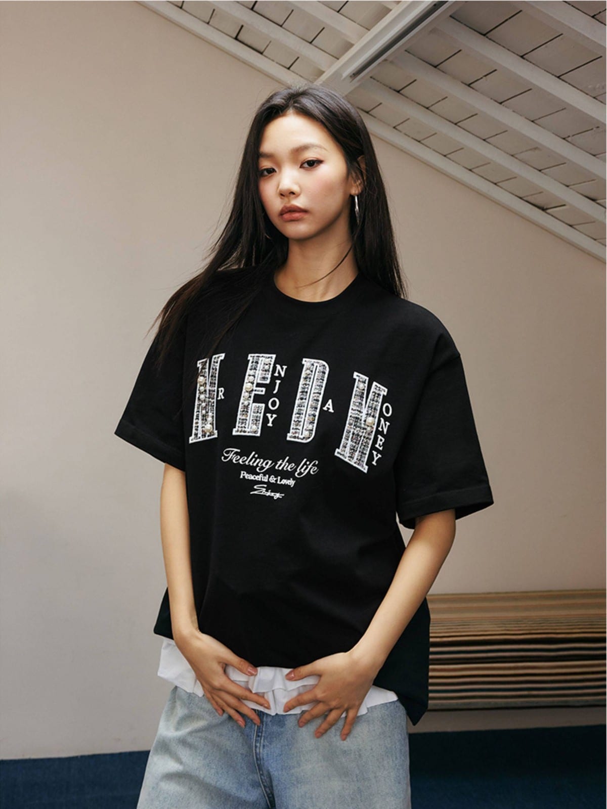 MEDM Pearl Embellished Letter Cotton T Shirt in Black - On Female Model
