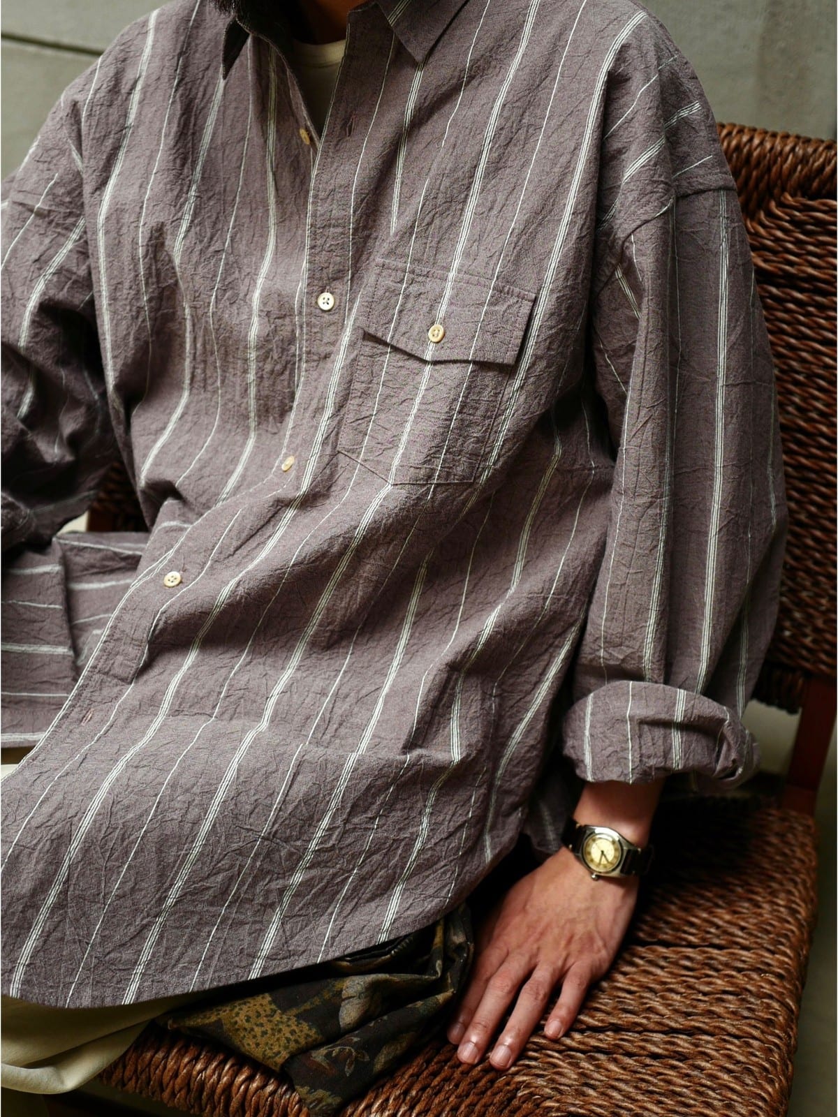 USAGE Crinkled Cotton Striped Button Down in Gray - On Male Model