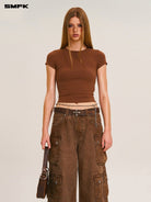 SMFK Short Sleeve Cropped T Shirt in Brown - On Female Model