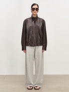 MSBEAST Suede Paneled Sheepskin Jacket in Coffee - On Female Model