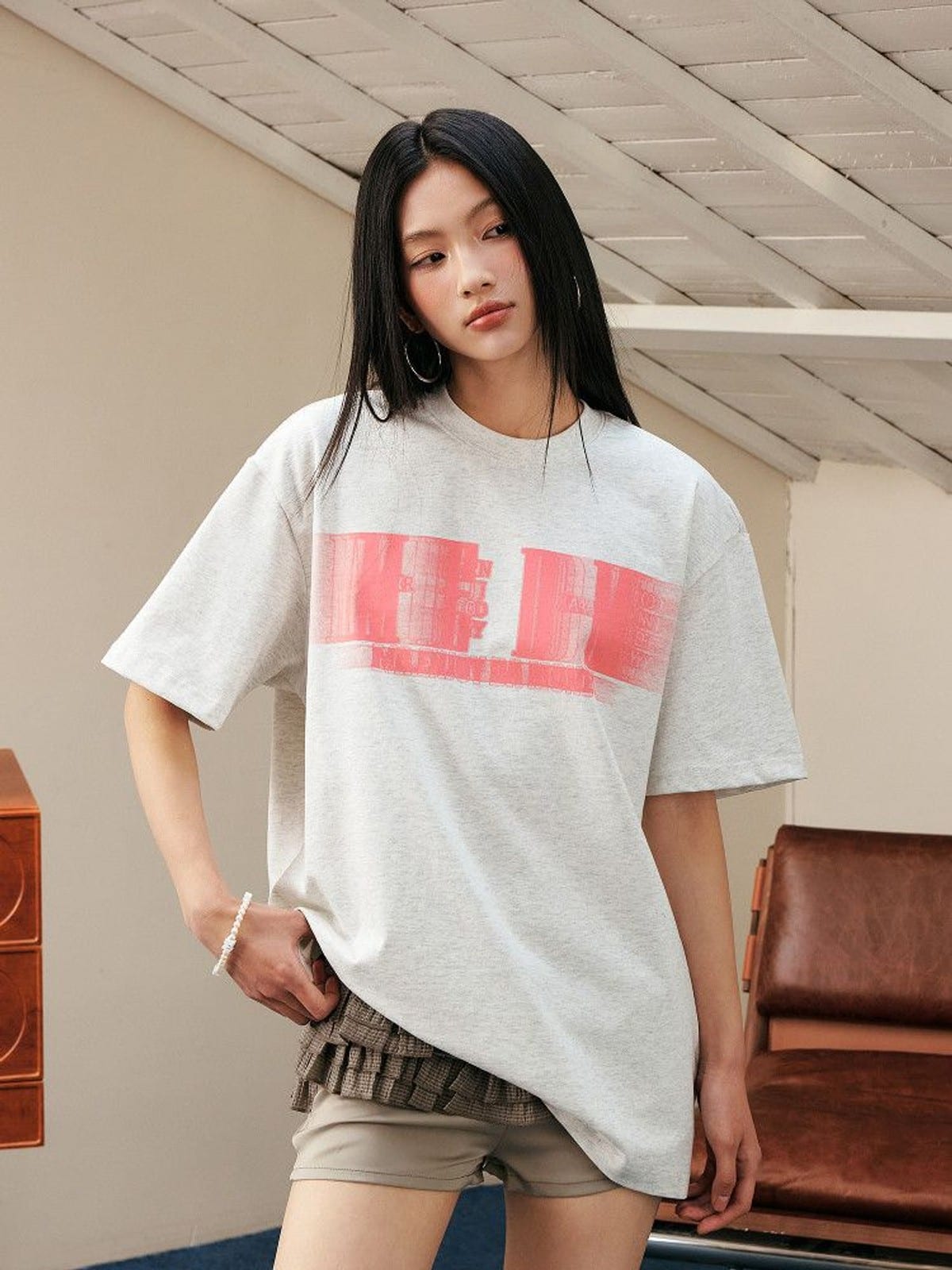 MEDM Glitch Logo Graphic Cotton T Shirt in Gray - On Female Model