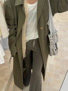 MADEINAM Fold Over Waist Flared Stretch Pants in Olive - On Female Model