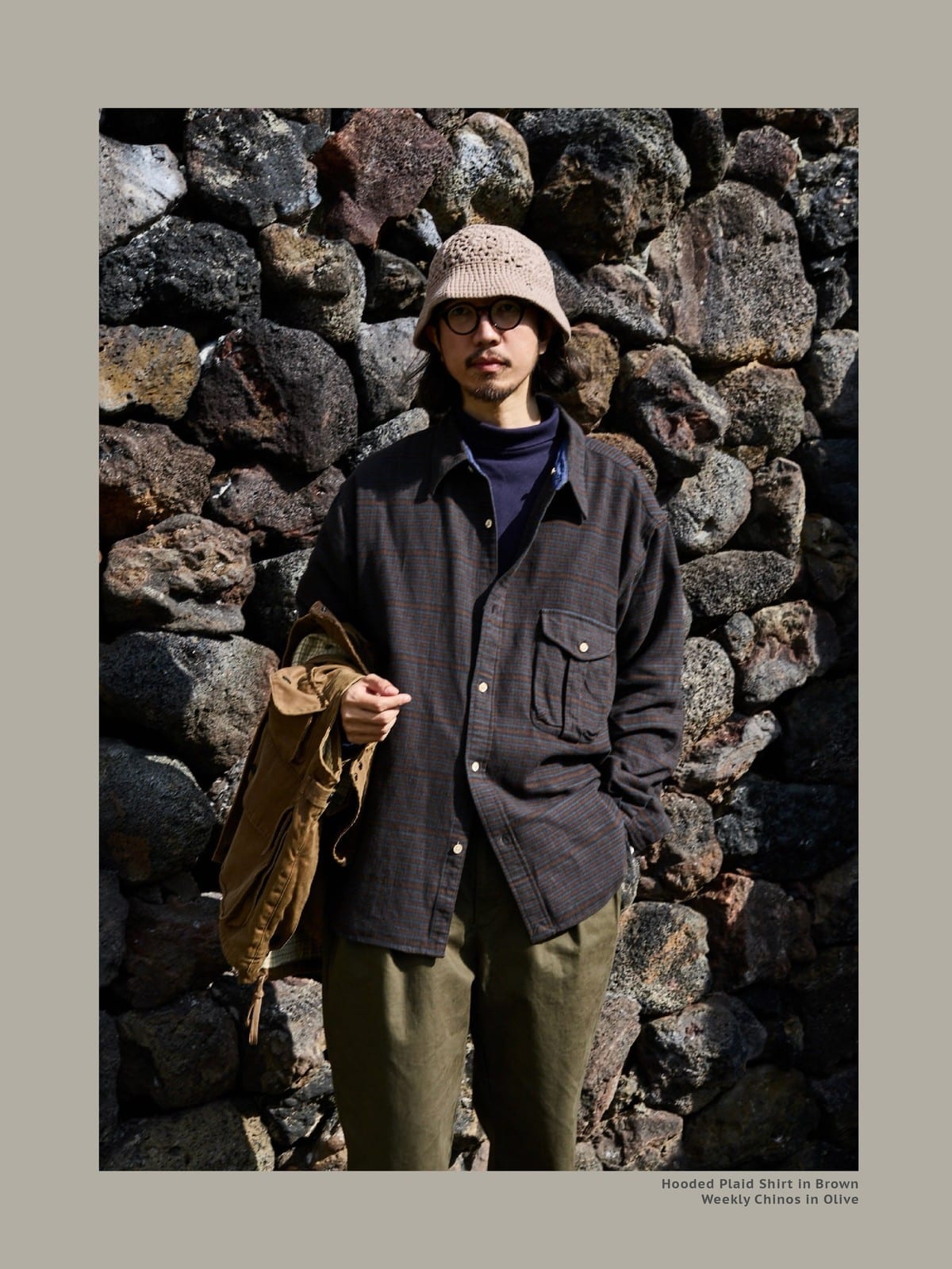 USAGE Detachable Hood Cotton Plaid Shirt in Brown - On Male Model