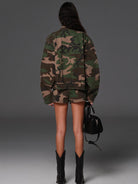 SMFK Camouflage Zip Up Cropped Jacket in Green - On Model