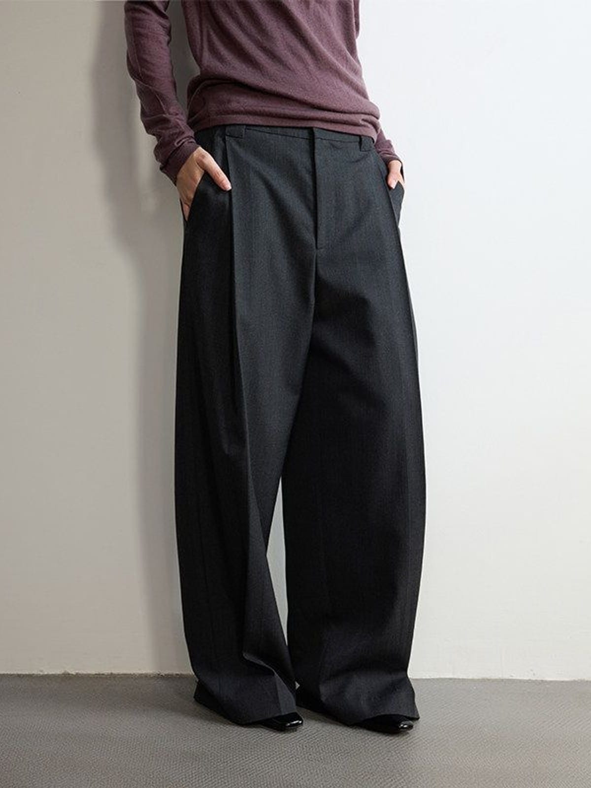 Random Piece Pleated Merino Wool Wide Leg Trousers in Gray - On Model