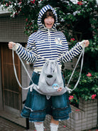 MEDM Cropped Striped Applique Zip Hoodie in Navy Blue - On Female Model