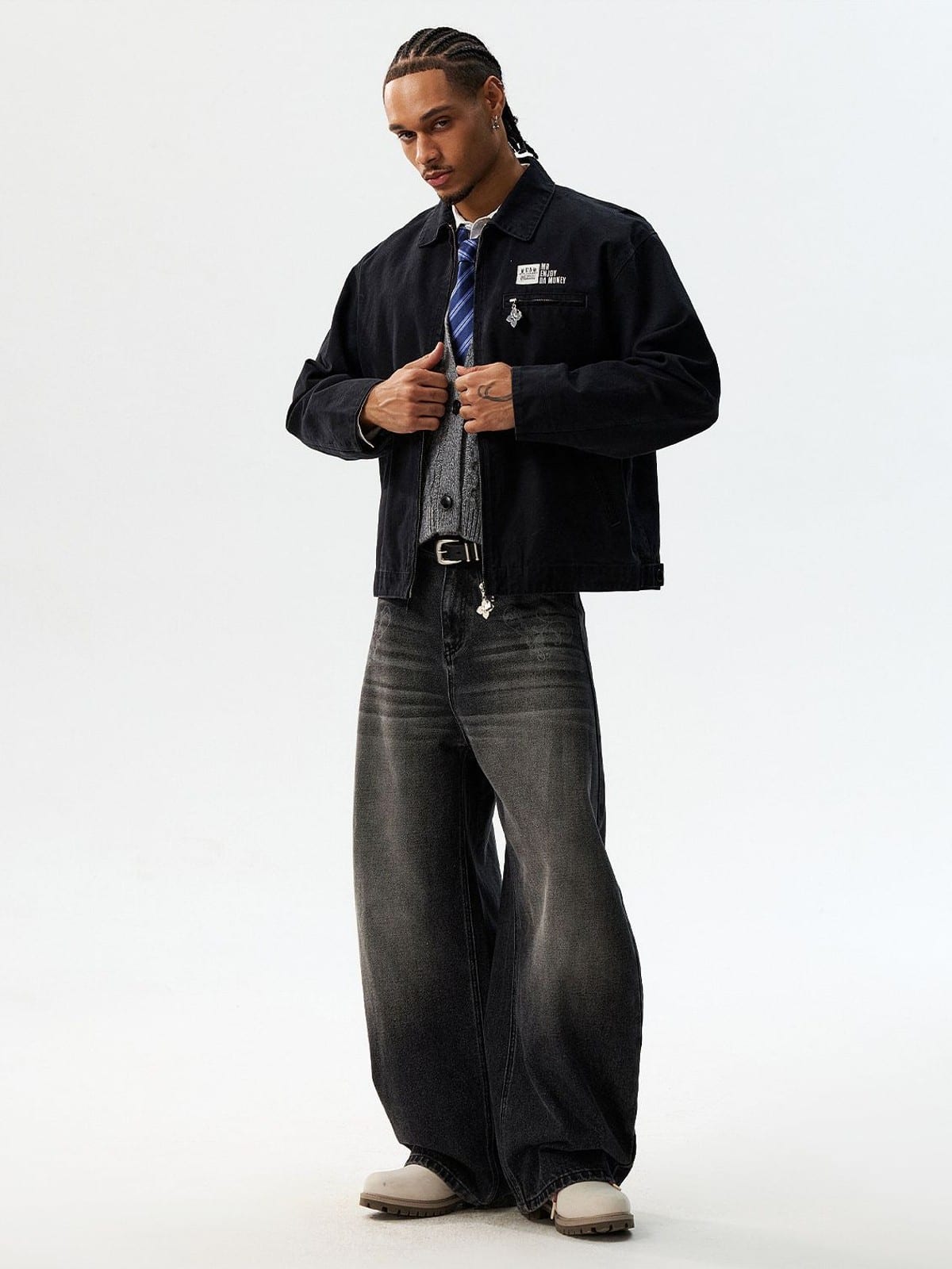 MEDM Washed Cotton Detroit Zip Up Jacket in Black - On Male Model
