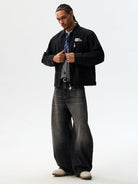 MEDM Washed Cotton Detroit Zip Up Jacket in Black - On Male Model