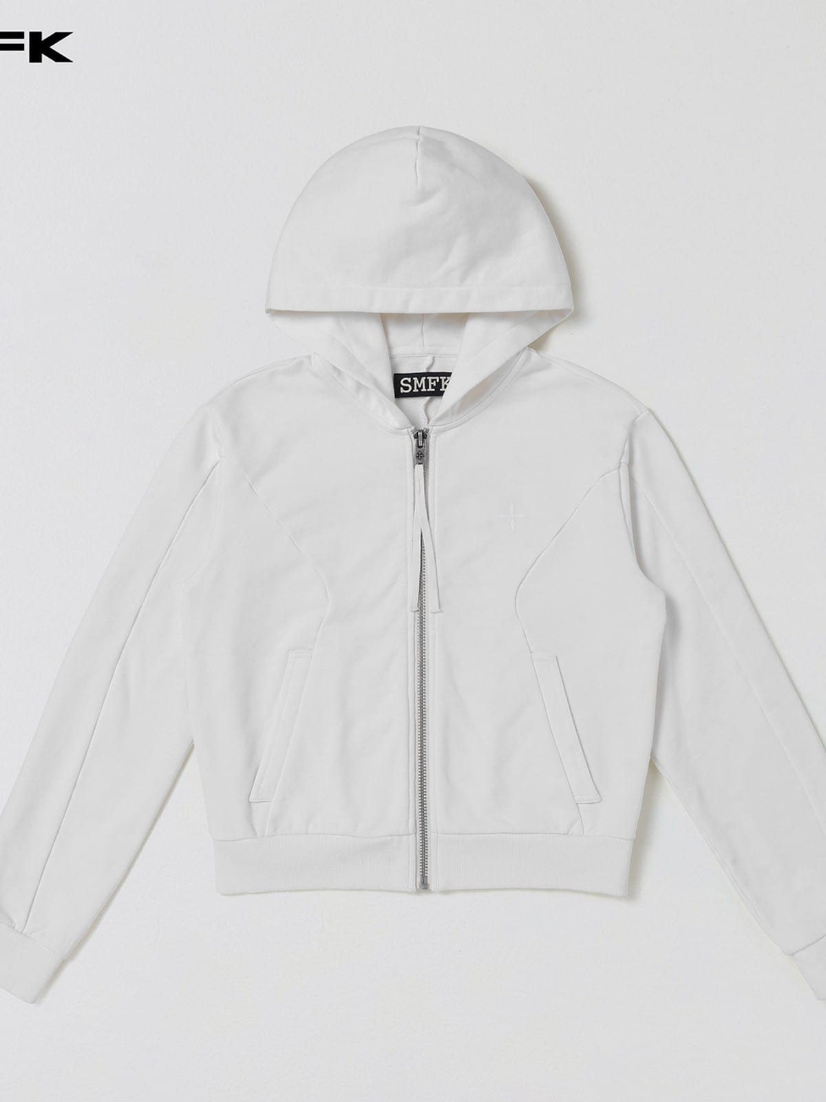 SMFK Embroidered Cropped Zip Up Hoodie in White