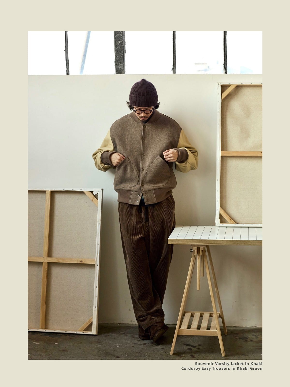 USAGE Reversible Velvet Leather Varsity Jacket in Beige - On Male Model