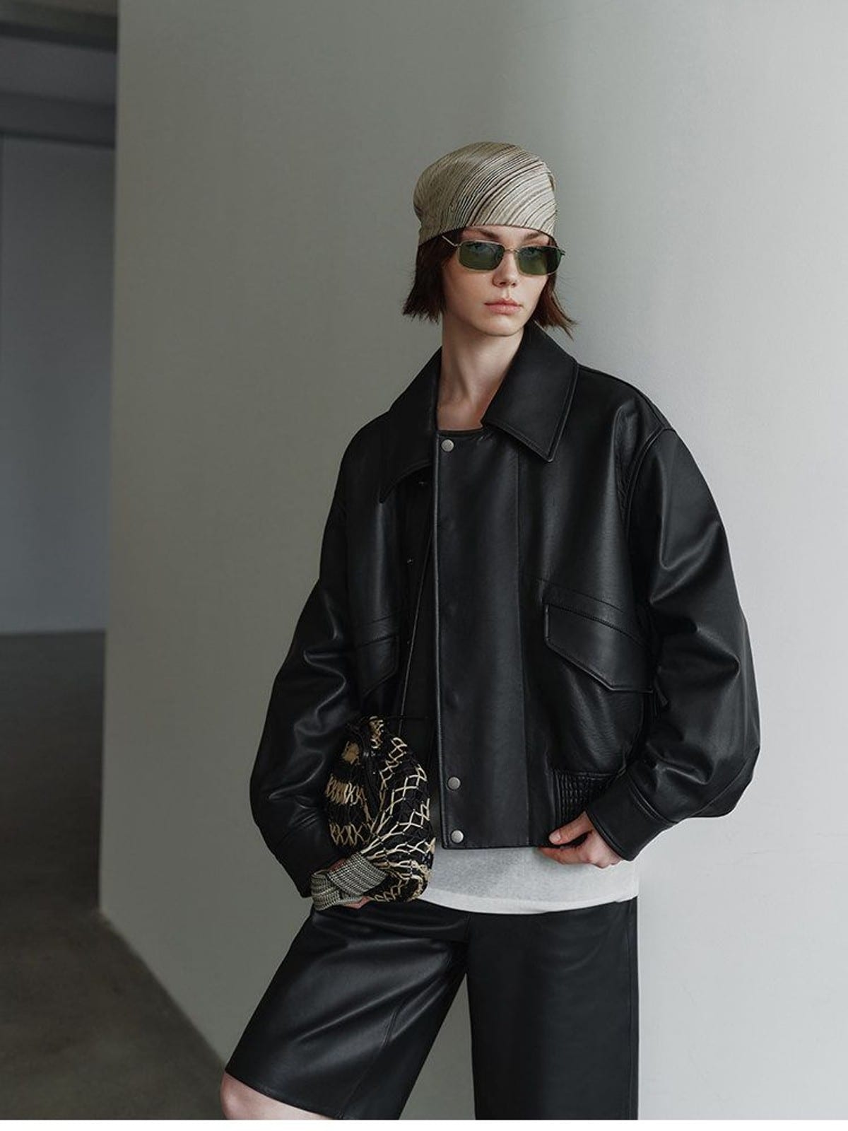 MSBEAST Cow Leather Flight Jacket in Black - On Female Model