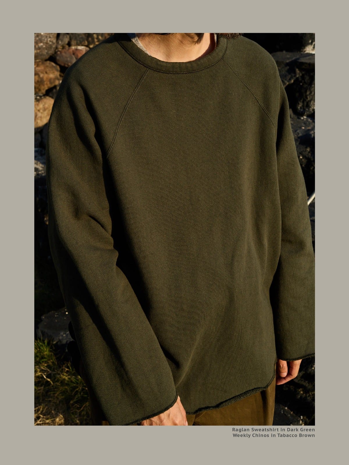 USAGE Slub Cotton Raglan Sweatshirt in Green - On Male Model