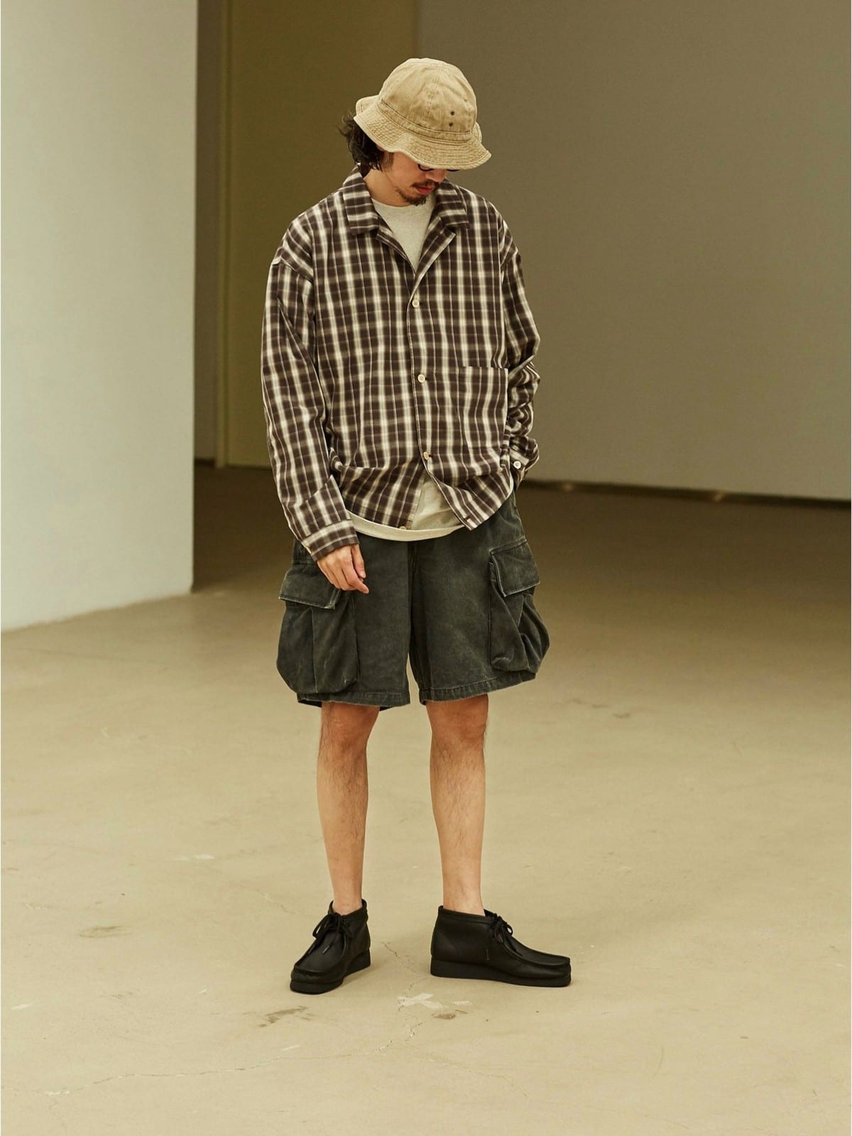 USAGE Gradient Plaid Cotton Blouson in Brown - On Male Model