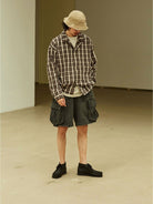 USAGE Gradient Plaid Cotton Blouson in Brown - On Male Model