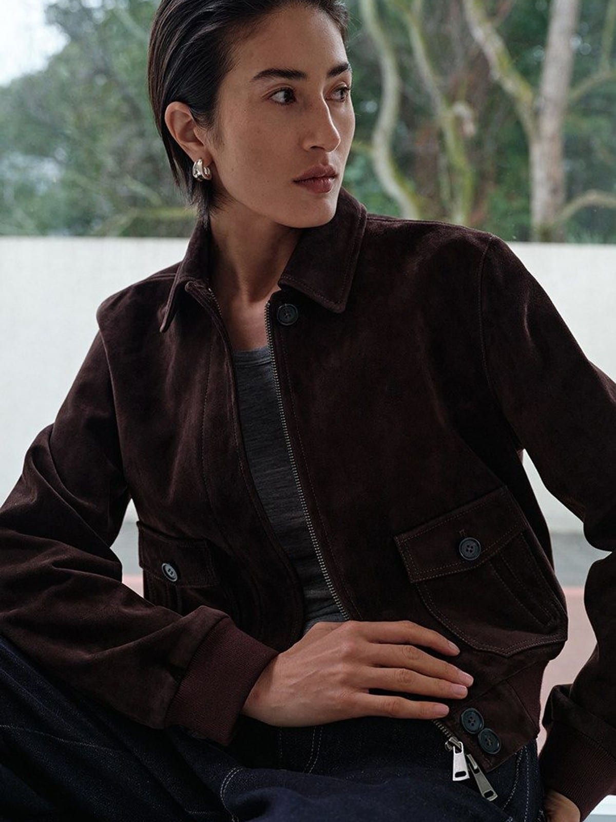 MSBEAST Cropped Suede Leather Jacket in Dark Brown - On Female Model