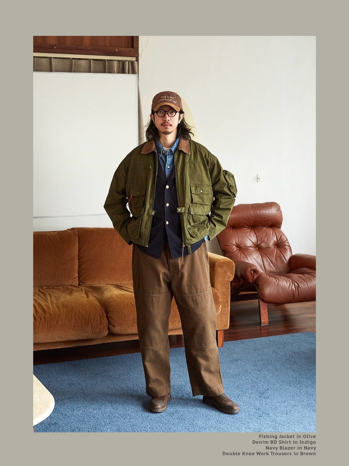 USAGE Corduroy Collar Cotton Fishing Jacket in Olive - On Male Model