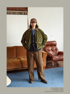 USAGE Corduroy Collar Cotton Fishing Jacket in Olive - On Male Model