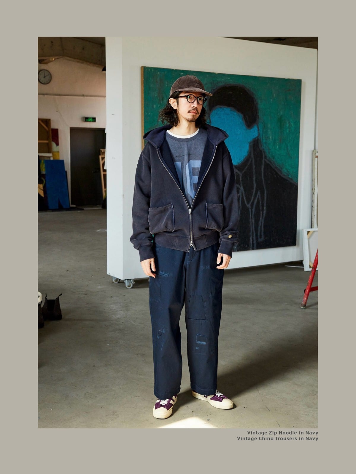 USAGE Hand Distressed Patched Chinos in Navy Blue - On Male Model