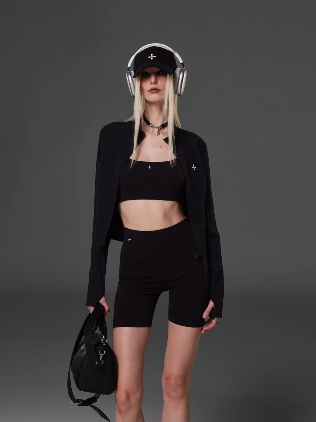 SMFK Cropped Zip Front Nylon Jacket in Black - On Female Model