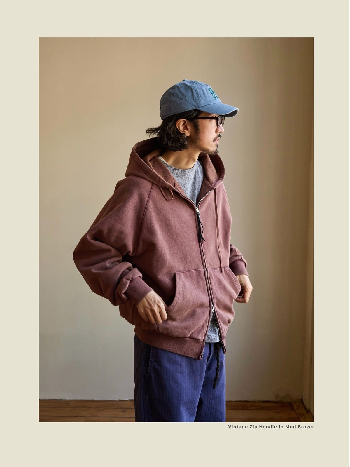USAGE Vintage Washed Double Layer Zip Hoodie in Burgundy - On Male Model