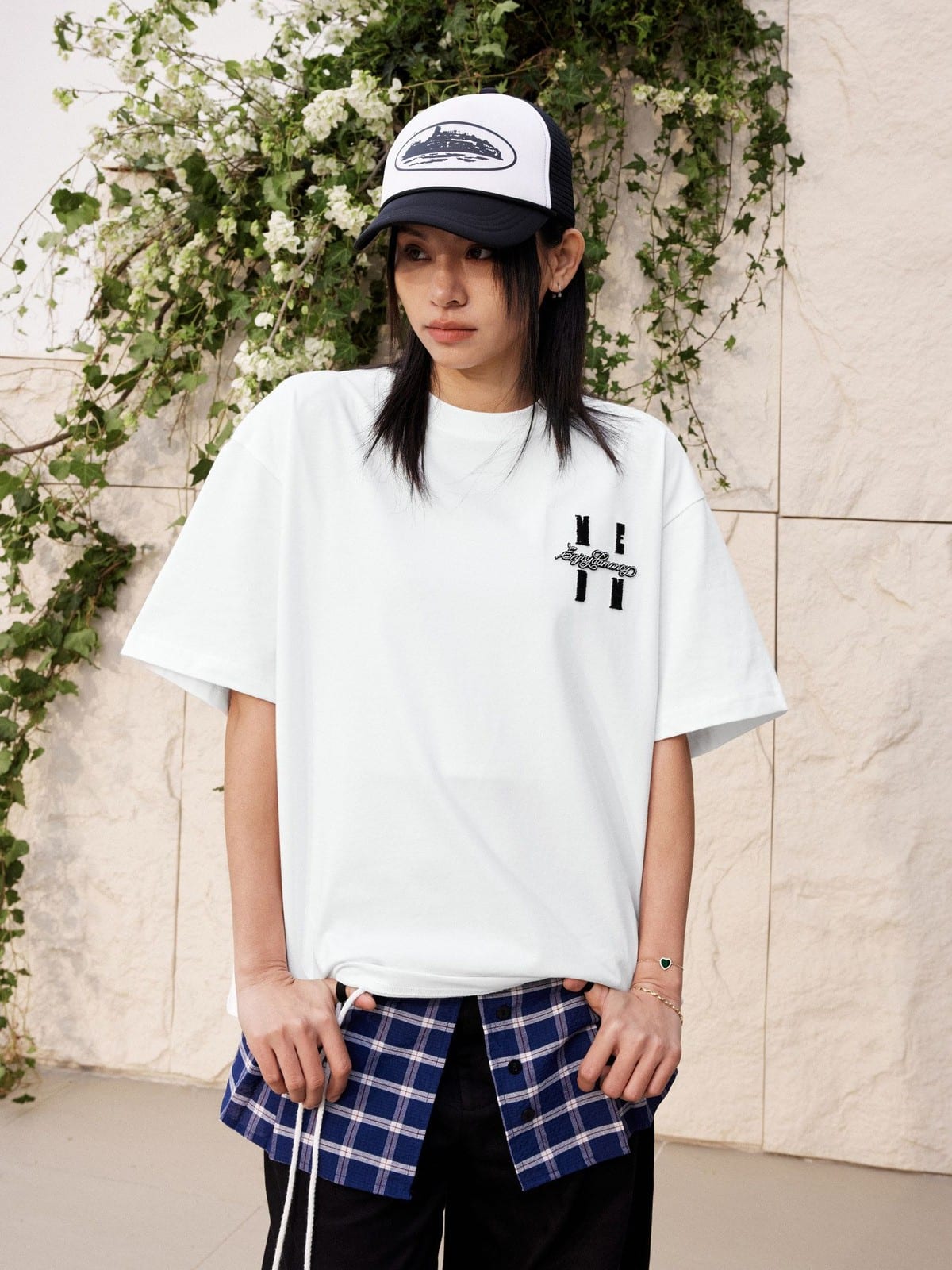 MEDM Tufted Logo Cotton T Shirt in White - On Female Model