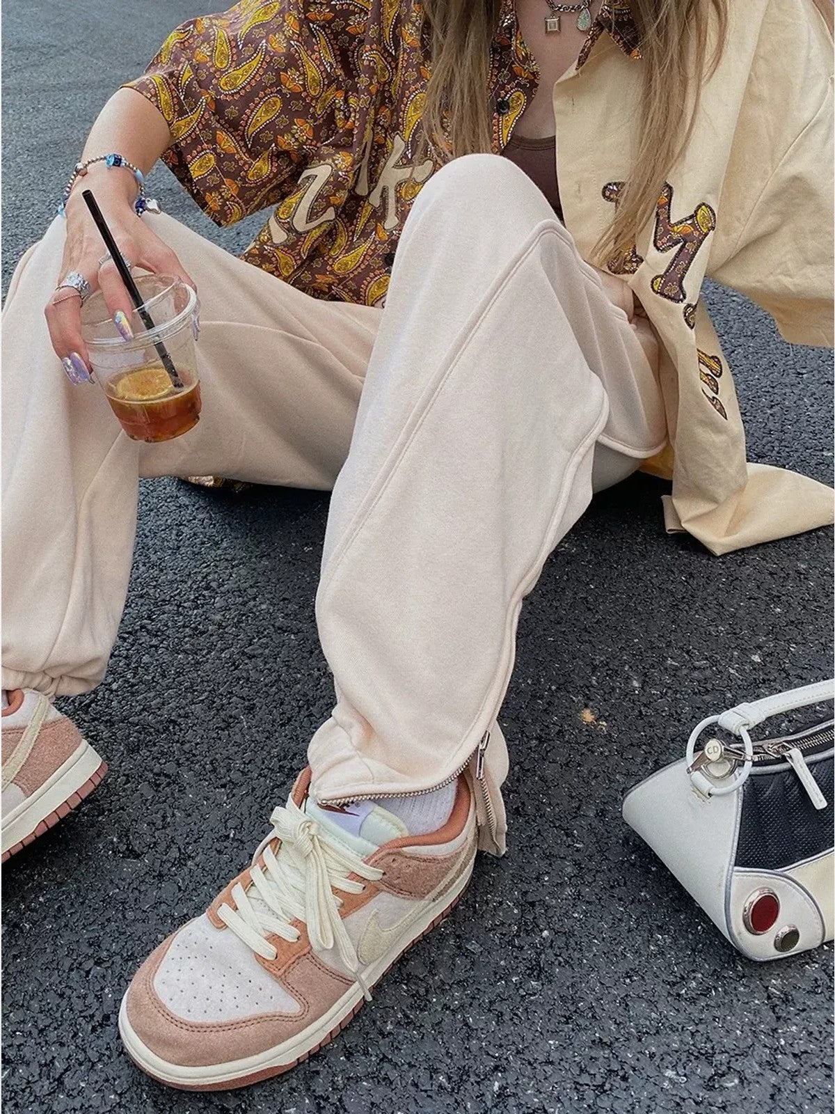 BeerBro Fleece Lined Split Hem Sweatpants in Cream - On Female Model