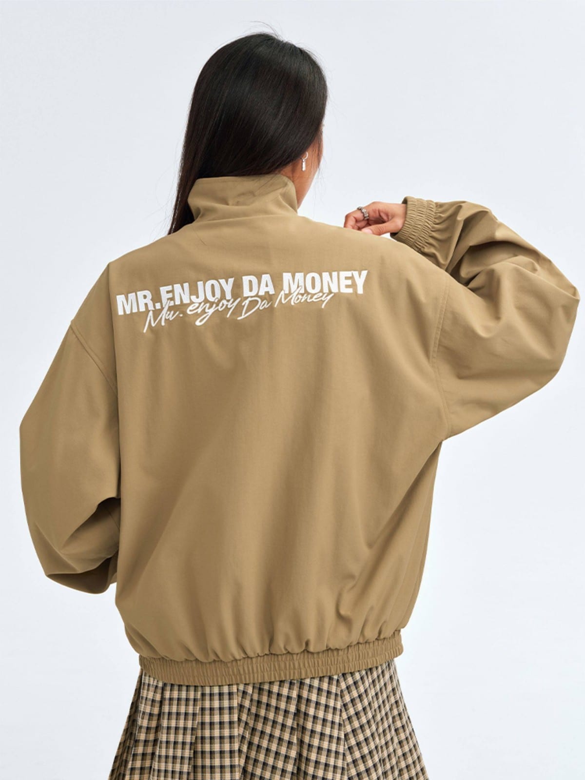 MEDM Nylon Stand Collar Coach Jacket in Beige - On Model