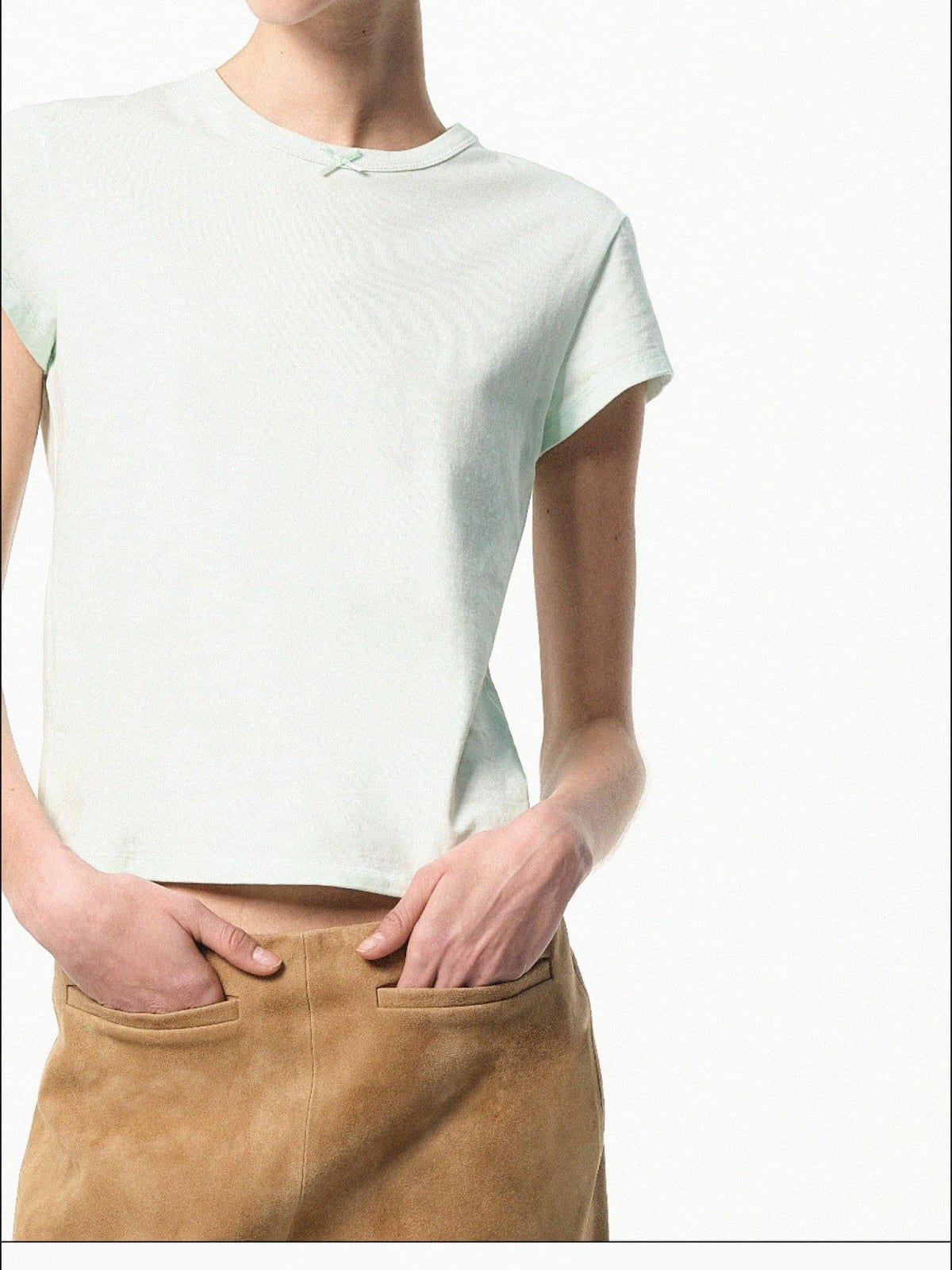 RARELY ALIKE Cotton Bowknot Crewneck T Shirt in Mint - On Female Model