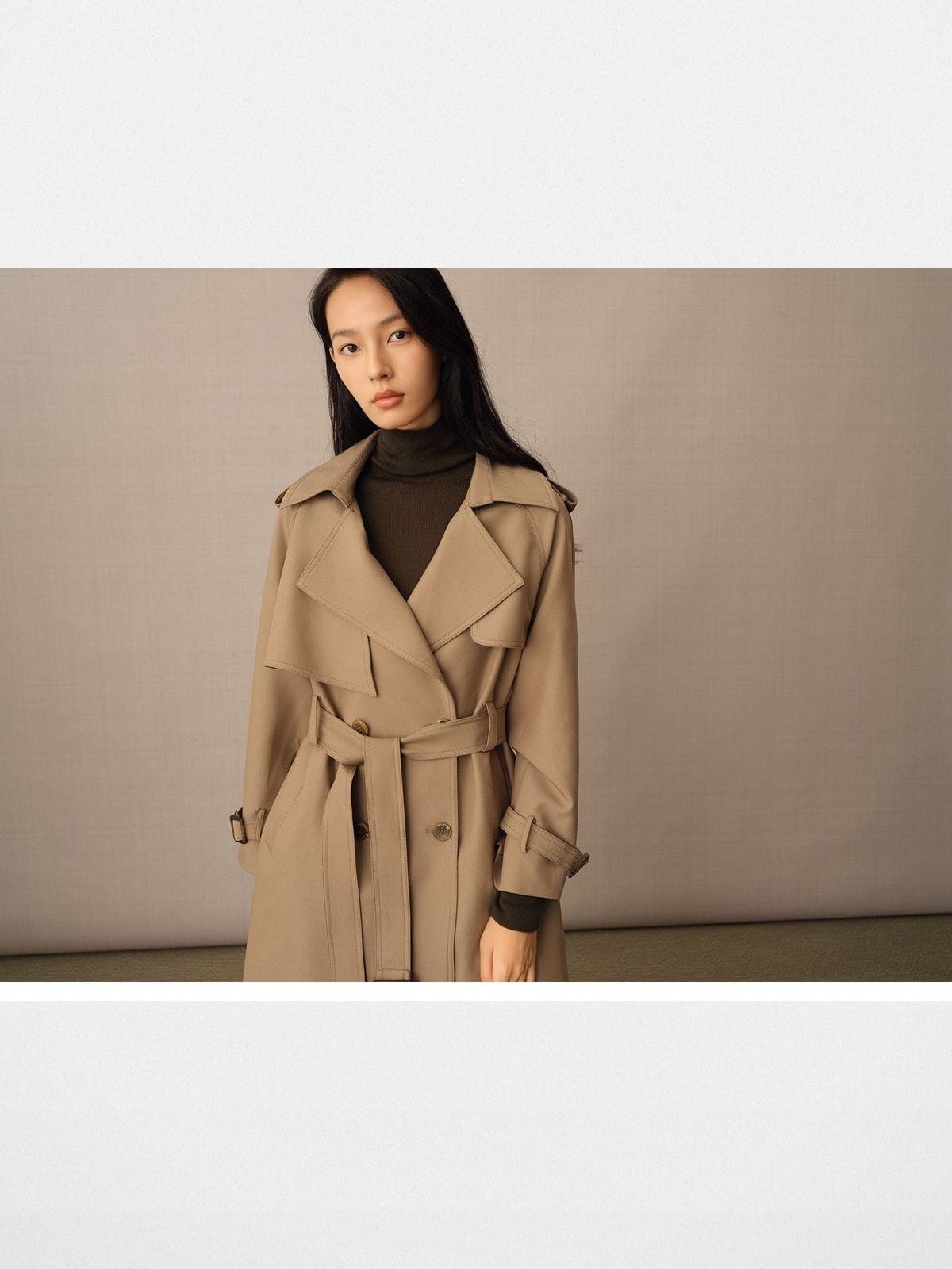 TEASEL Double Breasted Belted Trench Coat in Khaki - On Female Model