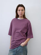 Random Piece Cotton Drop Shoulder T Shirt in Purple - On Female Model