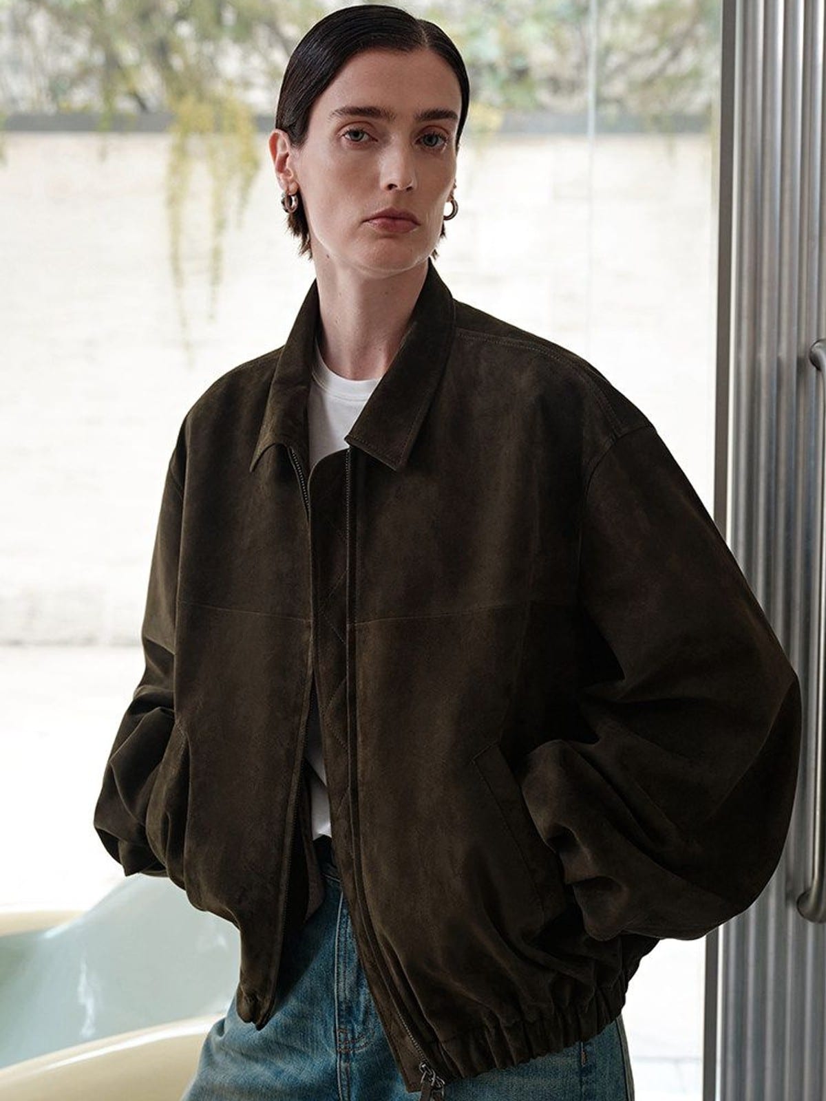 MSBEAST Broad Shoulder Sheepskin Jacket in Olive - On Female Model