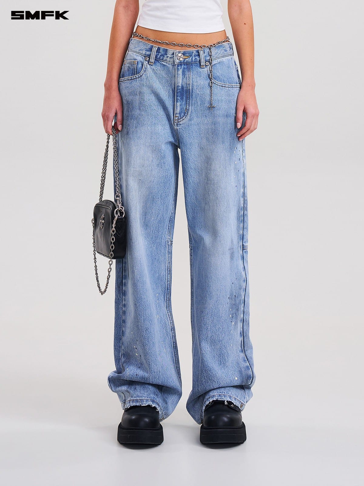 SMFK Washed Wide Leg Denim Jeans in Sky Blue - On Female Model