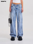 SMFK Washed Wide Leg Denim Jeans in Sky Blue - On Female Model