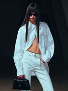 SMFK Thin Leather Cross Buckle Belt in White - On Female Model