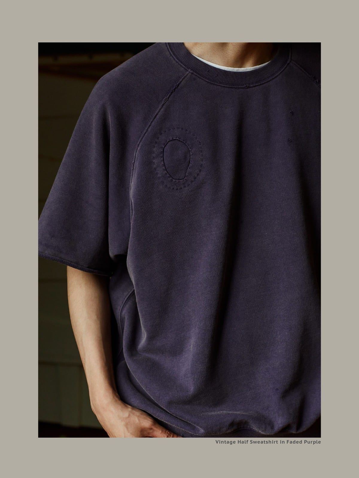 USAGE Vintage Wash Distressed Short Sleeve Sweatshirt in Purple - On Male Model