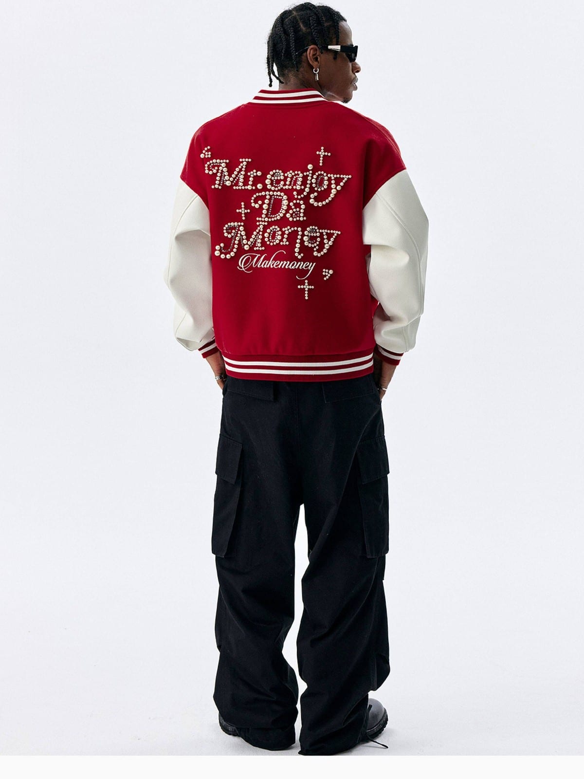 MEDM Pearl Embellished Varsity Jacket in Burgundy - On Male Model