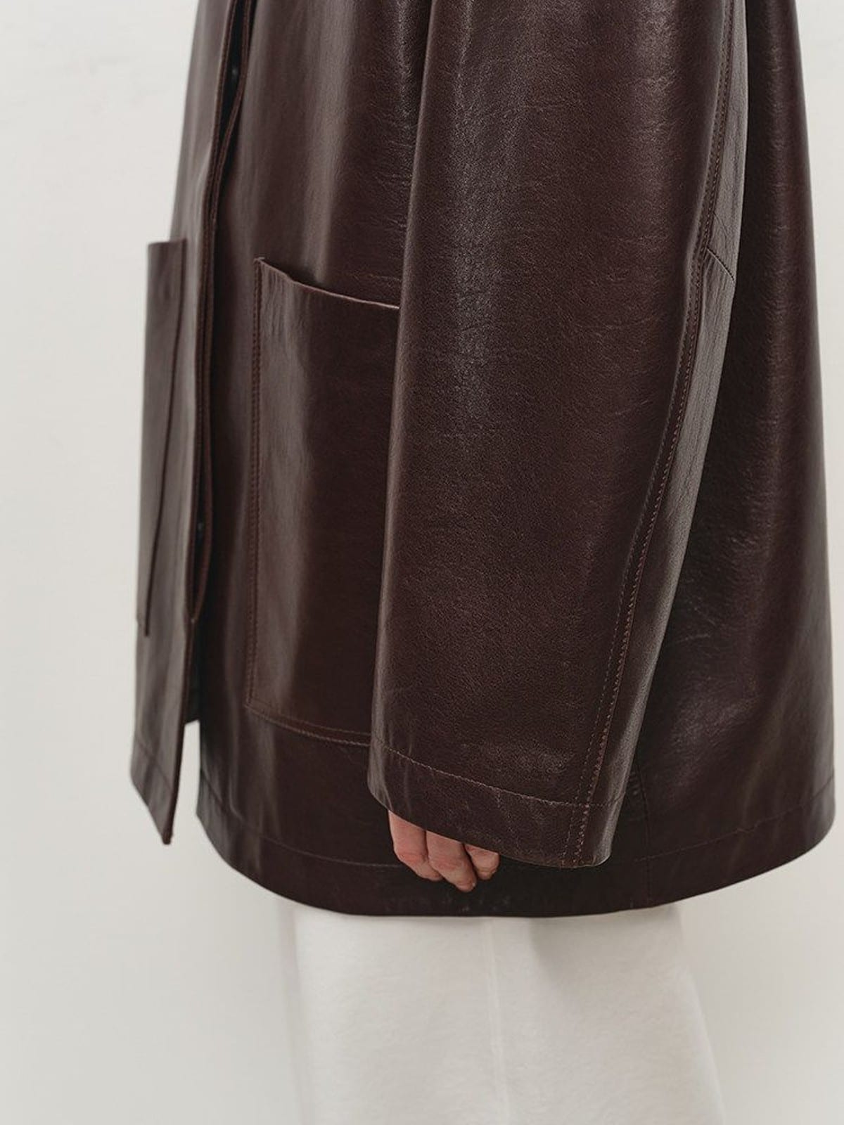 MSBEAST Mid Length Sheepskin Leather Jacket in Brown - On Model