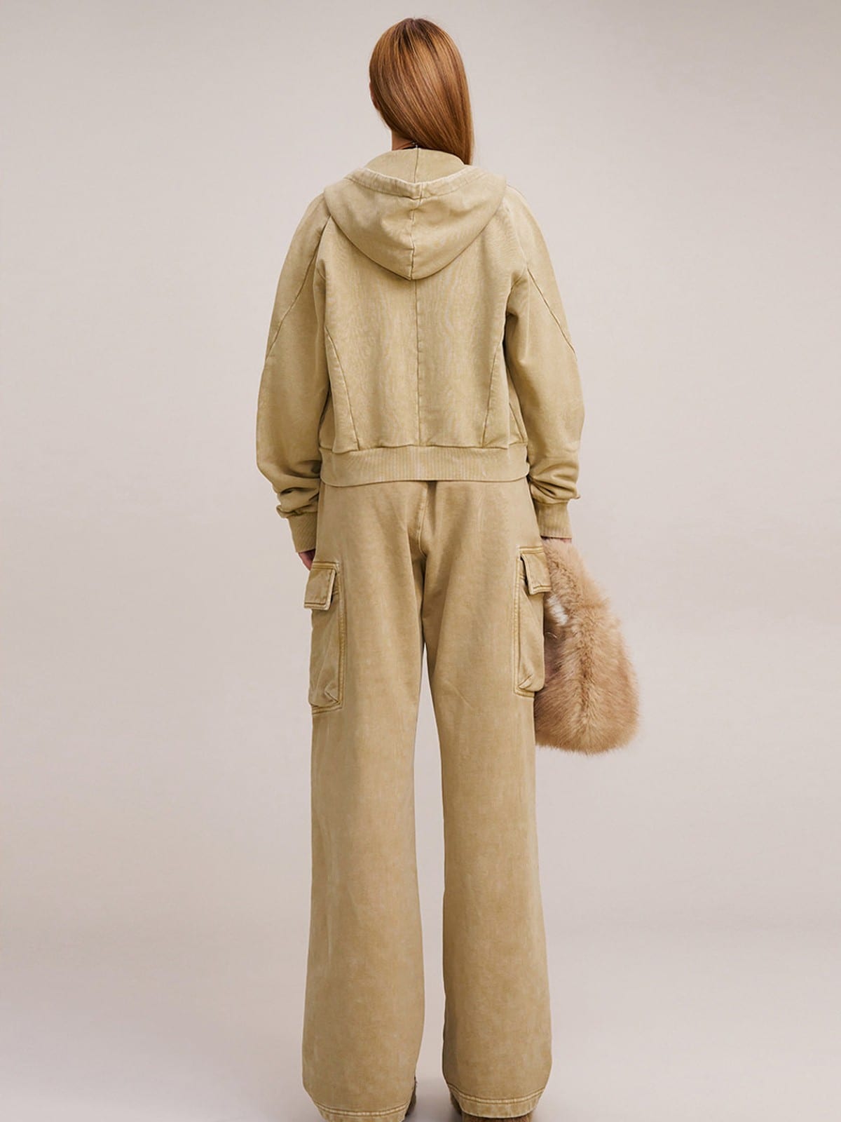 SMFK Garment Dyed Cotton Zip Up Hoodie in Beige - On Model